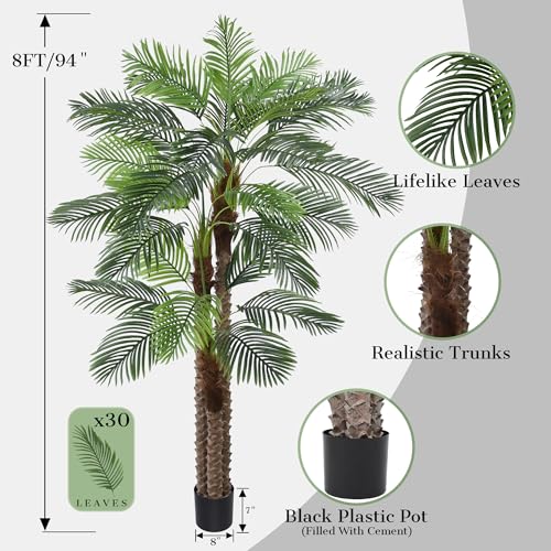 8FT Artificial Palm Tree - Tall Fake Palm Tree with 30 Lifelike Leaves & Realistic Trunk, 96" Large Faux Tropical Phoenix Palm Plant for Home Living Room Poolside Office Hotel Mall Decor - size: 8ft