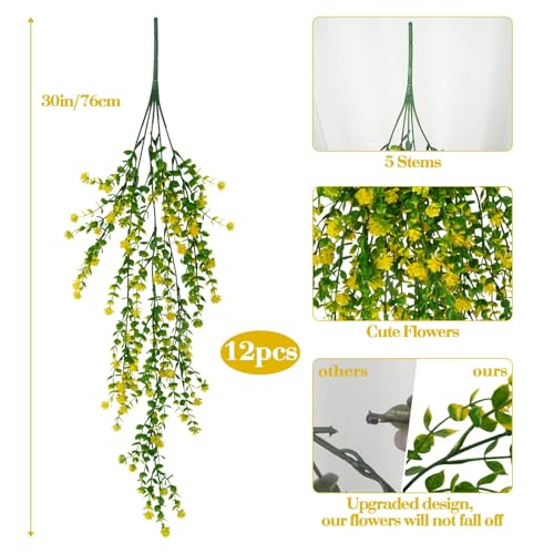 12 Pcs Outdoor Hanging Plants Artificial Hanging Flowers Yellow Faux Trailing Plants Fake Eucalyptus Greenery UV Resistant Plastic Plants for Indoor Outdoor Wall Garden Front Porch Home Decor - color: Yellow-12pcs