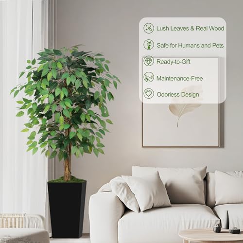 5ft Ficus Artificial Tree with 3 Natural Curved Trunks, 60" Tall Lush Faux Tree for Home Decor Indoor, Green Lifelike Fake Ficus Tree with Black Planter Pot - color: Black Planter, size: 5ft