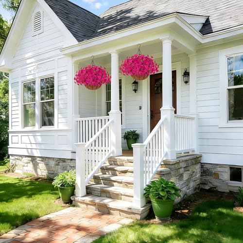INSPRING Artificial Fake Hanging Flowers Plants Baskets for Outdoors, UV Resistant Outdoor Hanging Faux Silk Petunias in Planter Look Real Morning Glory for Outside Patio Porch Balcony Garden, Fuchsia - color: Fuchsia