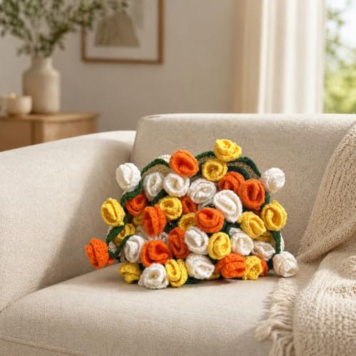 Crochet Flower Bouquet Throw Blanket, Cute Romantic Gift for Her Girlfriend Mom Mother’s Day Valentine Wedding Anniversary Birthday (Yellow, 60 inches) - color: Yellow, size: 60 inches