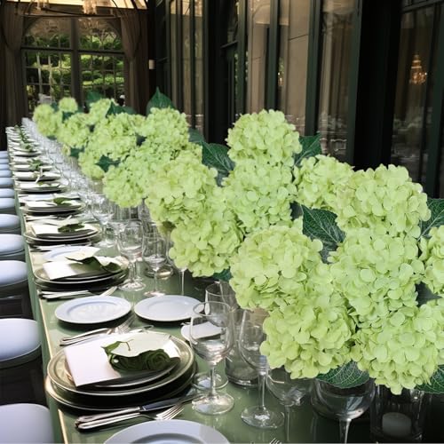 6PCS Premium Green Hydrangea Artificial Flowers Bouquets, Silk Hydrangea Flowers Heads with Stems, Fake Hydrangeas Flowers Arrangement, Faux Hydrangea Decor for Home Wedding Party Table Centerpieces - color: Green & Light Green