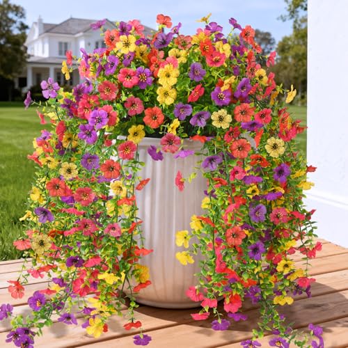 Artificial Hanging Flowers for Outdoors, 2 Pcs Fake Hanging Plants Spring Summer Decor, UV Resistant Faux Silk Daisy Flower for Front Door Porch Planter Patio Yard Garden(Purple Rose Red Yellow) - color: Purple, Rose, Red, Yellow