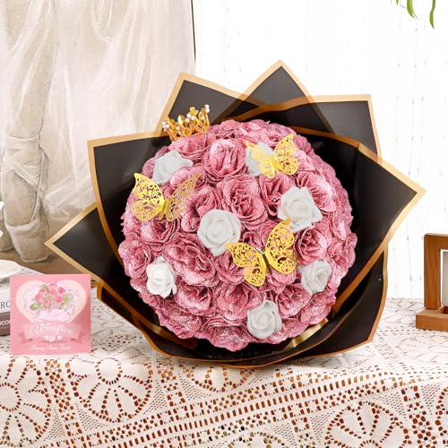 36+20 Glitter Roses Bouquet, DIY Fake Flowers Bouquet, Craft The Initials of Your Loves' Name with Artificial Rose for Valentines, Anniversary, Wedding, Rose Gold & White - color: Rose Gold & White