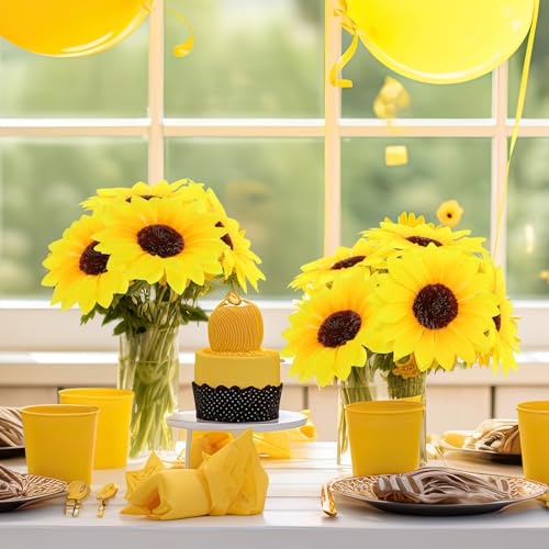 60 Pcs Artificial Sunflowers with Stems - 4 Inches Realistic Silk Fabric Flowers for Home Decor, Wedding, Centerpieces & Crafts Thanksgiving Decorations – Bright Yellow Fake Flowers