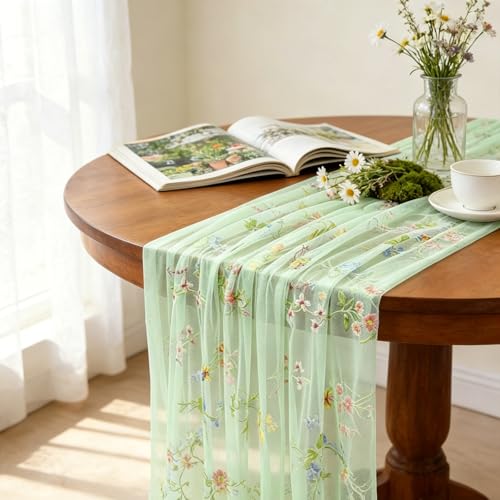 Sage Green Floral Table Runner 10ft Embroidery Tulle Spring Wildflower Table Runner Seasonal Summer Butterfly Kitchen Dining Gauze Decoration for Baby Shower Wedding Party Birthday (1 Pcs) - color: Green
