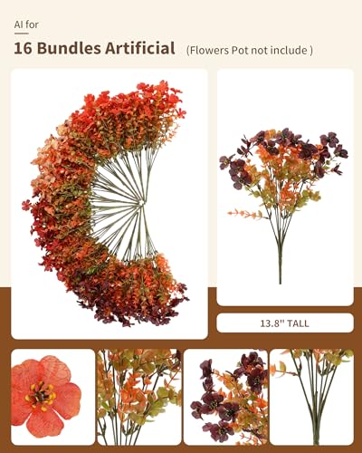 Artificial Fake Mums Flowers for Fall Outdoors Decor, 16 Bundles of Lifelike UV Resistant Colorful Silk Daisies – Ideal for Porch, Garden, Yard, Planter, Halloween & Thanksgiving Autumn Decoration - color: Mixed Color3(burgundy,orange,caramel,champagne)