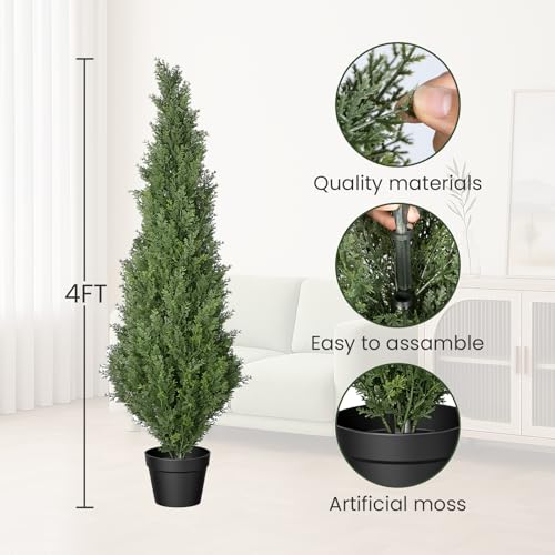 4FT Artificial Cypress Trees 2 Pack Faux Topiary Plants for Outdoor Indoor Home Decor Fake Shrubs for Front Porch Office and Commercial Space - color: Cedar Trees 4ft