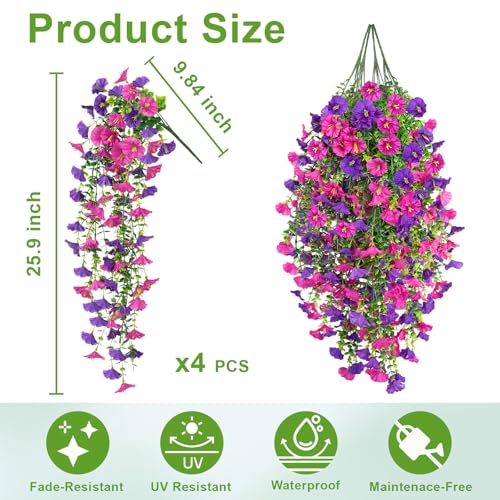 Artificial Hanging Flowers for Outdoor, 4Pcs UV Resistant Faux Morning Glory Flower Spring Summer Decroation, No Fade Fake Flower Trailing Vine for Porch Patio Balcony Yard Garden, Purple+Light Purple - color: Purple Lotus