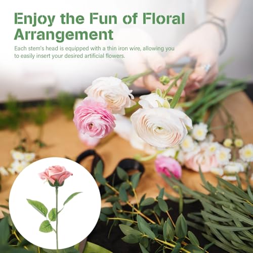 100 Pcs Rose Stems with Leaves & 100 Pcs Flower Calyxes Set, Fake Flower Stems Artificial Flower Sepals, Floral Arrangement Supplies, DIY Artificial Flowers Tools for Bouquet Wedding Party - color: 100pcs