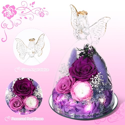 Mothers Day Rose Gifts for Women Preserved Real Flower in Glass Angel Figurines Roses for Delivery Prime Birthday Gifts for Mom Grandma Girlfriend Wife Her, Purple Austin Roses - color: Purple With Austin Roses