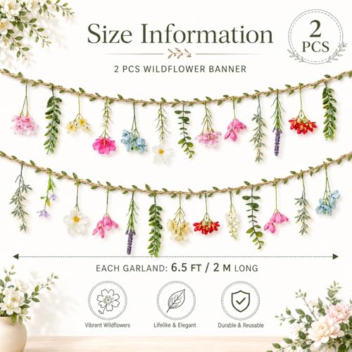 2 PCS 6.5ft Artificial Flower Banner Wildflower Garland Hanging Flowers for Garden Birthday Wedding Tea Party Bridal Shower Home Spring Supplies(Hemp Rope) - color: Hemp