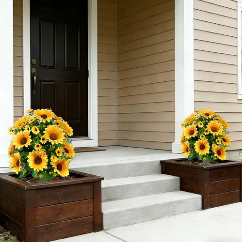 24" Artificial Boxwood Topiary Ball Tree with Ground Spike Sunflower for Outdoor Planters, UV Resistant & Waterproof Bushes, Fake Outdoor Plants for Porch Garden Yard, Set of 2
