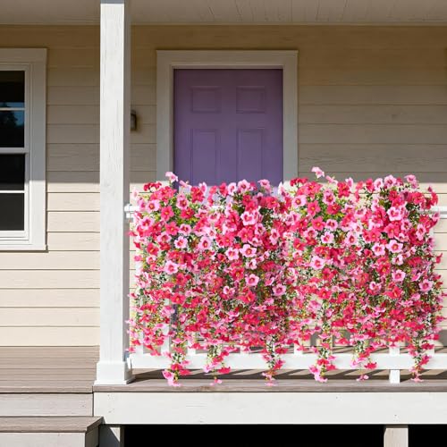 Artificial Hanging Flowers Plants for Outdoor Spring Summer Decoration, 2PCS Faux Silk Morning glory UV Resistant Look Real for Outside Home Indoor Planter Porch Garden Yard Decor(Rose Red Pink) - color: Rose Red Pink