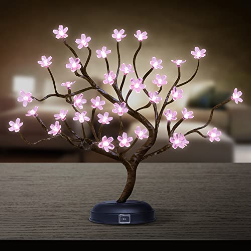 Lighted Cherry Blossom Tree Lamp 18IN Tree Lights with 36 LED, Japanese Cherry Blossom Decor for Indoor and Outdoor, Adapter Plug in/ Battery Powered Tabletop Lamp, UL Listed, Pink White