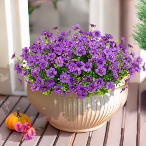 LikSoor 16 Bundles Artificial Flowers Outdoor Spring Summer Decoration Fake Silk Colorful Daisy Eucalyptus Realistic UV Resistant Outside Faux Plants for Garden Porch Window Box Home Decor (Purple) - color: Purple