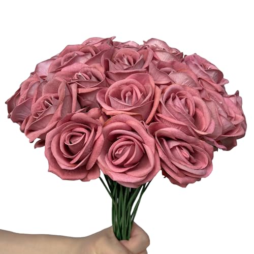 FagusHome 30 Pcs Silk Rose Artificial Flowers Roses Bulk Bouquet Fake Flowers Rose Heads with Stems for Home Wedding Decor (Dark Pink) - color: Dark Pink