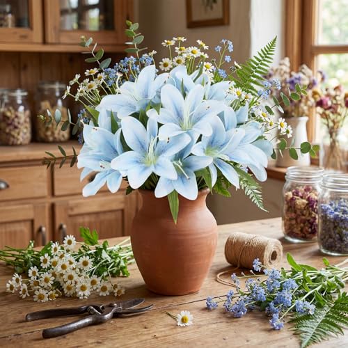 20Heads Blue Faux Lily Artificial Flowers 4 Bundles Fake Silk Flowers with Stems Lily Flowers for Wedding for Home Party Indoor Easter Table Floral Arrangement Decor (Blue) - color: Blue