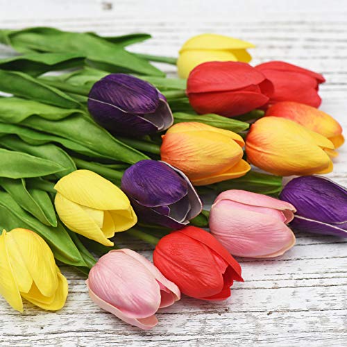 FiveSeasonStuff Real Touch Tulips Artificial Flowers – 15 Stems Faux Tulip Bouquet in Gift Box for Wedding, Home Decor, Party, Floral Arrangements (Rainbow Colors) - color: #9 Rainbow