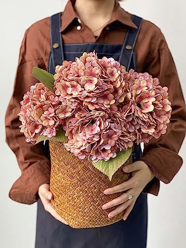 JINWOE 4Pcs Yellow/Pink Real Touch Vintage Artificial Hydrangeas, 21" Long Stems Boho Fall Faux Hydrangea Flowers,Fake Flowers for Wedding Bouquet Centerpieces Tables Party Home Baby Showers - color: Pink