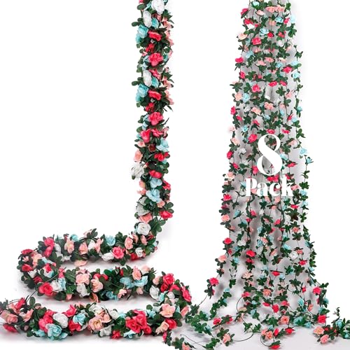 Miracliy 8Pcs 66FT Pink Flower Garland, Blue and White Artificial Rose Floral Vines Fake Hanging Spring Flower Garland for Wall Backdrop Wedding Arch Tea Party Door Mantle Decoration - color: Pink&blue-8pcs