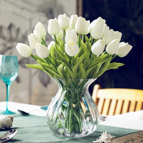 28pcs White Flowers Artificial Tulip Stems Real Feel PU Tulips for Easter Spring Wreath Wedding Bouquet Centerpiece Floral Arrangement Cemetery Table Décor 13" Tall - color: White
