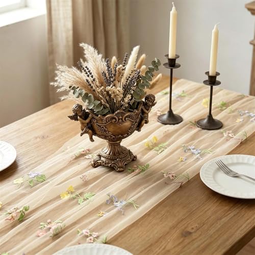 Champagne Floral Table Runner 10ft Embroidery Tulle Spring Wildflower Table Runner Seasonal Summer Butterfly Kitchen Dining Gauze Decoration for Baby Shower Wedding Party Birthday (1 Pcs) - color: Yellow