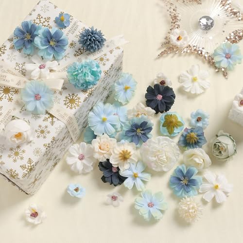 rongflower Faux Flower Heads Mini Blue White Artificial Flower Heads Fake Peony Daisy Rose Flowers Multicolor Small Silk Daisy Flower Heads for Craft Garland Wedding Party DIY Home Decoration,2-4 cm - color: Blue White