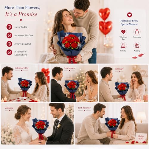 Crochet Flowers Red Roses Bouquet 9 Crochet Roses Flower for Wife Gift, Lover Anniversary Valentine's Day Bouquet for Her, Birthday, Wedding - color: Red