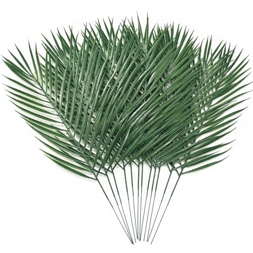 Artificial Palm Leaves Stem Fake Plants Tropical Leaves Stems 12 Pcs, Greenery Jungle for Floral Arrangement Hawaiian Luau Party Decorations Beach Birthday Wedding Table DIY Decor - color: Tropical Palm Leaves Stems/ 12 Pcs