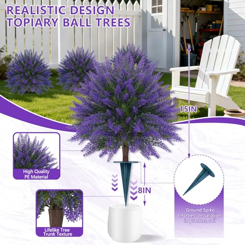 Grooy Artificial Lavender Topiary Ball, Set of 4 Artificial Boxwood Shrub Bushes with Ground Spike, Fake Evergreen Tree for Porch, Artificial Plants for Outdoor Planters Indoor UV Resistant - color: Lavender Ball 4pc