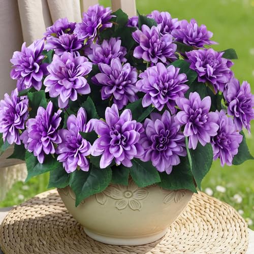 VIERENA 8 Bundles Artificial Dahlia Flowers for Outdoors Spring Summer Decor, No Fade Silk Flower Faux Dahlias Plant Arrangement for Home Garden Balcony Farmhouse（Purple） - color: Purple