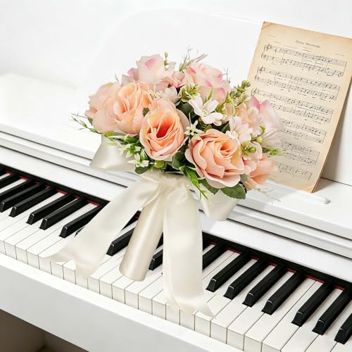 CYANLUX Wedding Bouquets for Bride Bridesmaid Bouquet Champagne White Artificial Roses Flowers for Wedding Valentine's Day Church Home Decoration (Champagne)… - color: Champagne