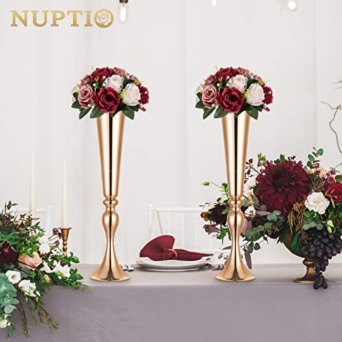 NUPTIO Artificial Flower Centrepieces for Tables - 2 Pcs Burgundy & Dusty Rose & Creamy White Fake Flowers Roses Balls 9.5in Diameter - Silk Faux Rose Arrangement for Wedding Party Table Decor - color: Burgundy & Dusty Rose & Creamy White, size: 2 Pcs