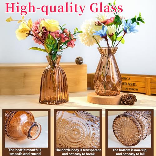 Gold Amber Glass Bud Vase Set of 12, Small Vintage Flower Bottle Petite Glass Flower Vase for Floral Arrangements, Decorative Centerpiece,Table Decor,Home Wedding Party - color: Amber