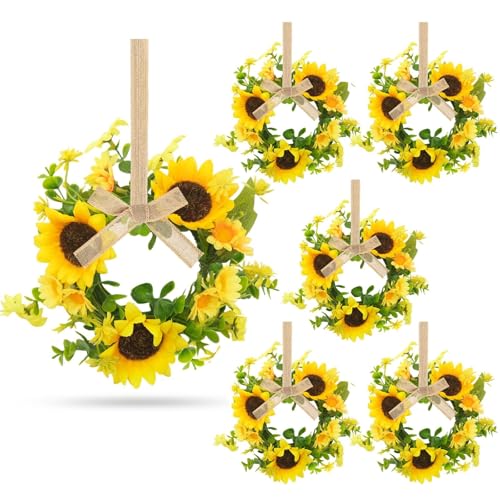 6 Pcs Small Sunflower Wreaths with Ribbon for Cabinet Front Door Mini Artificial Floral Hanging Wreath 3" Spring Summer Fake Yellow Daisies Wreaths Farmhouse Pillar Window Home Wall Party Décor - color: Sunflower