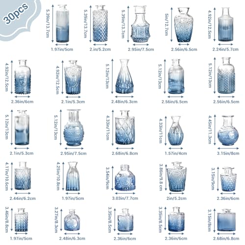 Babenest 30pcs Blue Small Bud Vase Set, Mini Gradient Glass Flower Vases in Bulk, Decorations Vintage Little Vase for Rustic Wedding Party Home Office Recepetion Centerpieces Table Decor - color: Blue, size: 30pcs