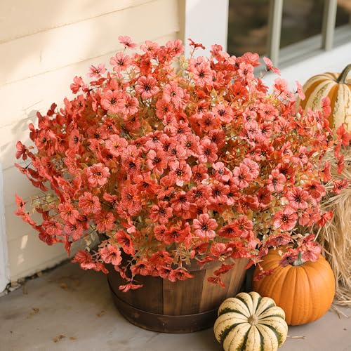 florisso Artificial Fall Flowers Fake Mums for Outdoor Autumn Decoration, 12 Bundles Faux Silk Orange Yellow Mums Daisy Look Real UV Resistant for Outside Home Porch Patio Planter - color: Fall Orange