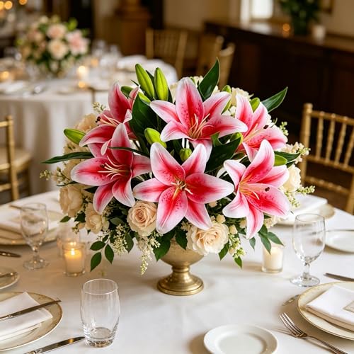 Kimura's Cabin 6Pcs Tiger Lily Artificial Flowers Real Touch Fake Lilies with Stems Faux Lilies Bouquet for Wedding Floral Arrangements Easter Home Table Centerpiece Office Decor(Pink - color: Pink