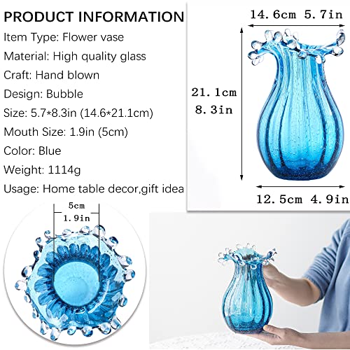 8inch Blown Glass Bubble Vase Collection Modern Art Flower Vase Decoration for Home Decor Living Room,Office,Centerpiece,Table and Wedding,Blue - color: Blue Bubble