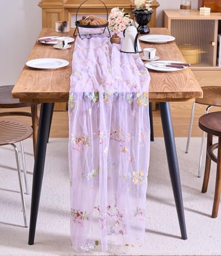 vctops 2 Packs Embroidery Lace Fall Table Runner 10ft Floral Garden Seasonal Tulle Table Runner Holiday Kitchen Dining Table Decoration for Wedding Party Baby Shower Birthday (Purple,30"x120") - color: Purple