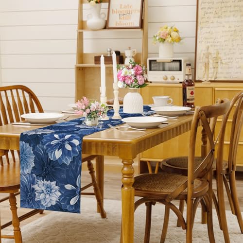 Navy Blue Dahlia Flower Summer Table Runner Blue Gray Burlap Table Runners, Spring Elegant Floral Seasonal Coffee Table Center Decor for Home Kitchen Dining Party Indoor Outdoor 13x36 Inch - color: Navy Blue, size: 13" x 36", Table Runner