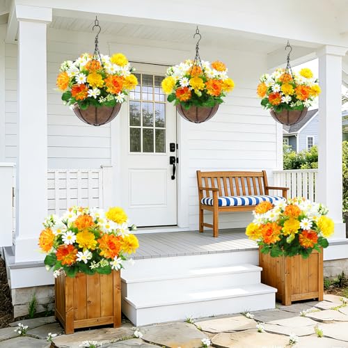 44 Heads Artificial Flowers for Outdoors, 4 Bunches 17 Inch Dahlia Daisies Mum Fake Plants UV Resistant Faux Flowers Bouquet Cemetery Flowers for Grave Outside Indoor Home Spring Summer Decor (Yellow) - color: Yellow