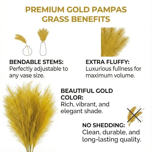 RyddeligHome Gold Pampas Grass Decor Living Room Holiday Decor, Home Accent Decor, Gold Feathers Floral Picks, Faux Pampas Grass Tall Large Fluffy, 3 Stems x 115cm/45in