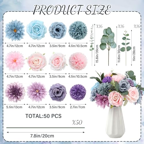 Suncalla 98 Pcs Artificial Flowers Bouquet Assorted Faux Flowers Heads with Stem Eucalyptus Leaves Silk Floral Table Centerpiece for DIY Wedding Party Wreath Home Decor(Blue, Purple, Pink Color) - color: Blue, Purple, Pink Color
