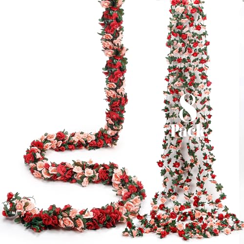 Miracliy 8Pcs 66FT Red Flower Garland, Orange Artificial Rose Floral Vines Fake Hanging Spring Flower Garland for Wall Backdrop Wedding Arch Tea Party Door Mantle Decoration - color: Orange-8pcs