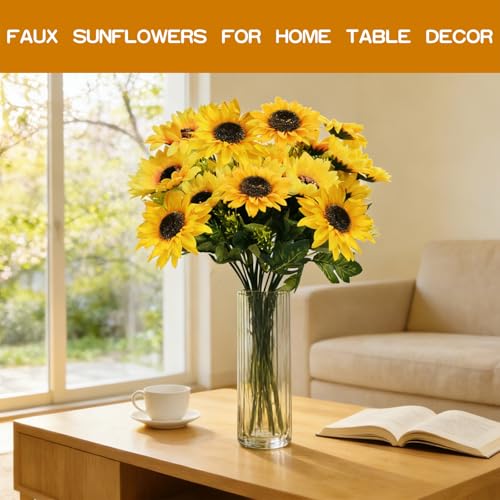 TURNMEON 28Pcs Sunflowers Artificial Flowers for Outdoors Summer Decor, 4 Pack Fake Flowers Silk Faux Sunflower Bouquet Mum Flowers Arrangement for Vase Wedding Table Indoor Home Fall Cemetery Decor