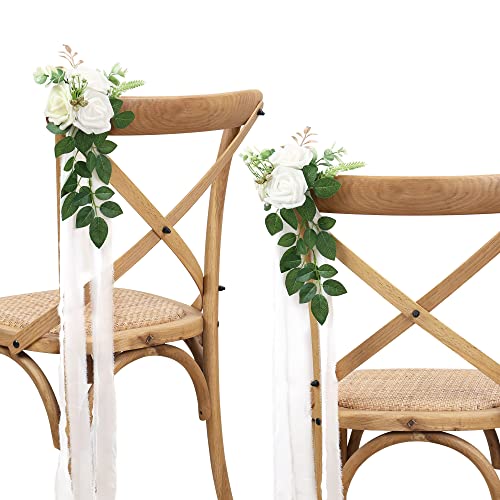 Wedding Aisle Decorations for Wedding Ceremony Set of 10 Pew Flowers for Church Chair Decorations Party Decor with Artificial Flowers Eucalyptus and Ribbons White - color: White