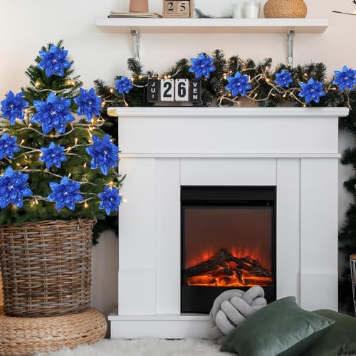 Geosar 36 Pcs Christmas Glitter Artificial Poinsettia Flowers Xmas Poinsettia Artificial Wedding Flowers Decorations Xmas Tree Ornaments with Clips for Party, 6 Inch, 4 Inch, 3 Inch(Royal Blue) - color: Royal Blue