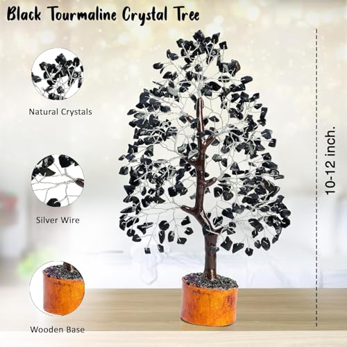 Crocon® Black Tourmaline Crystal Tree of Life Birthday Gifts for Men, Dad, Friend Healing Crystals Spiritual Shelf Crystal Decor Feng Shui Table Decor Gift for Men Housewarming Unique Home Decor - color: Black (Silver Wire)